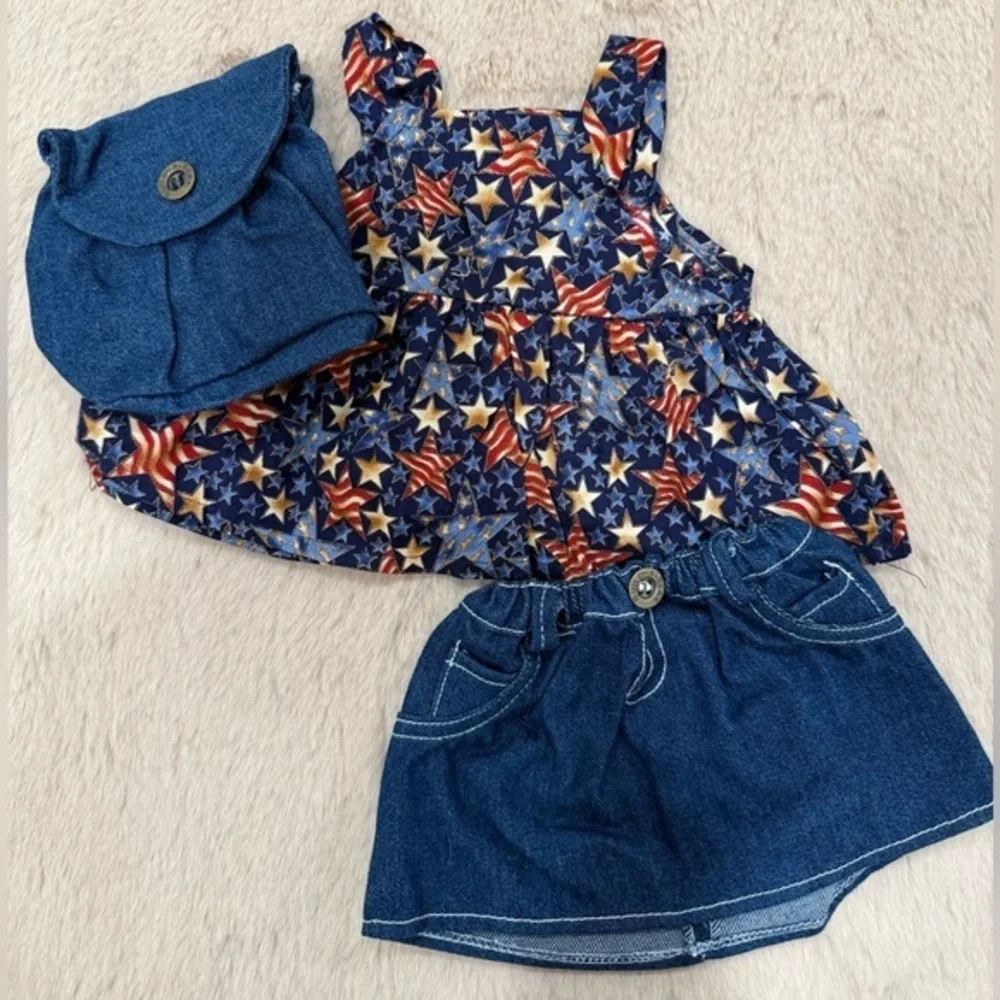 Build A Bear BAB -Blue Denim Jean Skirt & Backpack Accessory & Teddy Bear Dress